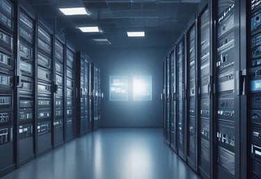 A hand holding a thermal scanner is pointed towards a rack of computer servers. The servers are illuminated with blue LED lights, giving a technological and futuristic feel.