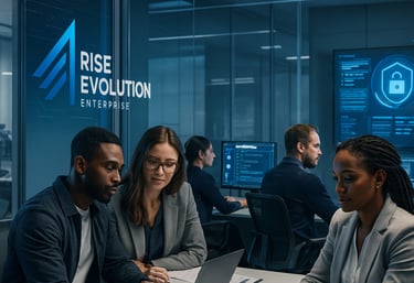 Team discussing cybersecurity strategy at Rise Evolution Enterprise headquarters
