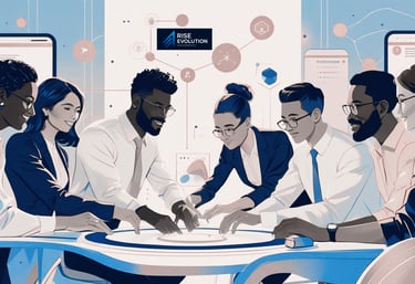 Illustration of Rise Evolution team collaborating on software development and compliance solutions