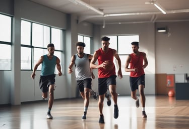 A group of athletes in sports attire are exercising or warming up on a grassy field. They are in a formation, appearing to be mid-stride, and the background shows a series of purple banners with sports achievements listed. The area is surrounded by a stone wall with benches and equipment visible.