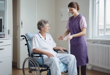 A healthcare professional is assisting a patient in a clinical setting. The patient is sitting on a chair, holding a cup near her mouth. The healthcare worker is wearing gloves and a protective gown, attending to the patient with what appears to be a medical procedure or care routine.