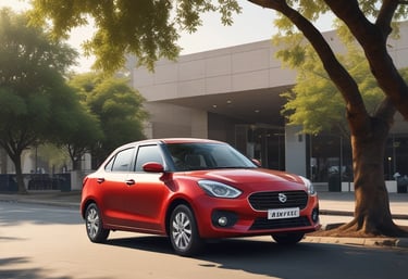 A pink dune buggy is parked on the side of a road near a car dealership with palm trees lining the street. The dealership has a modern design with large windows. Several other vehicles are also visible, including a silver pickup truck and a white SUV. The setting appears to be a sunny day.