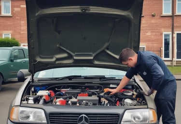 A spacious and well-lit automotive repair shop with several vehicles, including a truck on a lift and another with its hood open. The area is organized with tools and equipment scattered around workstations, with blue car lifts and various service bays visible.
