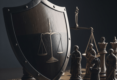 Defensa Penal Estratégica con un escudo protector, figuras de ajedrez y una balanza de la justicia