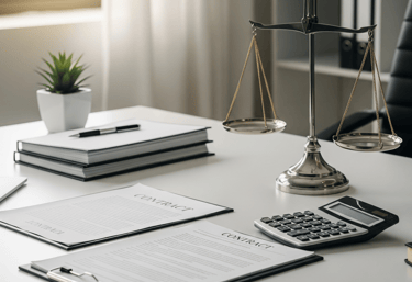 Derecho Penal Tributario: documentos legales, calculadora y balanza de la justicia en un escritorio