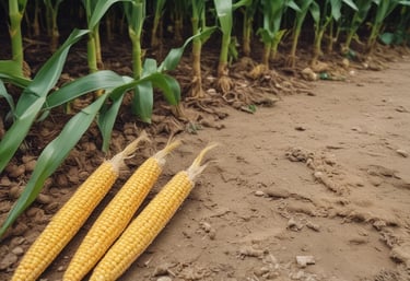 Close-up of fresh green plantain leaves and corn plants in a rustic farm setting.