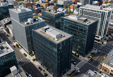 An aerial view of a clean, modern British / UK business district, showing order and efficiency in deep slate and steel blue colors.