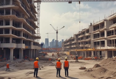A construction site with workers coordinating and heavy machinery in action under a clear sky.