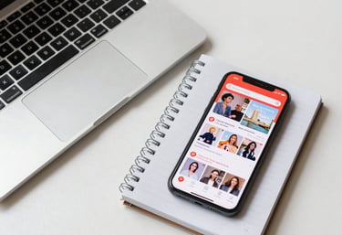 A top-down view of a modern desk with a laptop, a designer's notebook, and a smartphone showing a Pinterest feed, with clean lighting and professional US office styling.