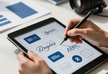 A close-up of a designer's hands using a tablet to sketch brand concepts in a sunlit North American studio with Steel Blue and White design elements in the background.