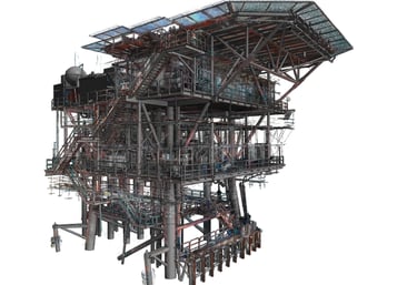 A detailed 3D digital model of an offshore oil and gas platform with complex steel structures.