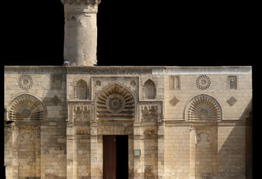 Orthomosaic Stone facade of Al-Aqmar Mosque in Cairo featuring intricate Islamic carvings.