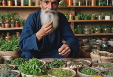 An elderly person wearing traditional clothing with a red headscarf and blue shirt is sorting or inspecting a large quantity of dried herbs or tea leaves spread out on a woven basket. This activity takes place in front of a rustic wooden building with hanging plants and pots, indicating a rural or village setting.