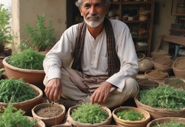 A person wearing a headscarf is seated on the ground, engaged in grinding green leaves with a large mortar and pestle at an outdoor market. Surrounding them are various bags and boxes, some filled with more green leaves. A mix of umbrellas and canopies provide shade, casting shadows over the scene.