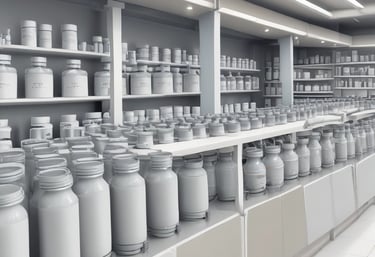 Shelves stocked with vintage apothecary bottles and containers, featuring a variety of old medicinal liquids and powders. Some bottles have handwritten or printed labels displaying names of chemicals. The display includes various sizes and shapes of bottles, with a mix of glass and metal containers. Visible behind the shelves is a mirror reflecting parts of the shop and additional items.