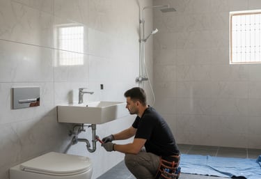 a plumber installing fittings in bathroom