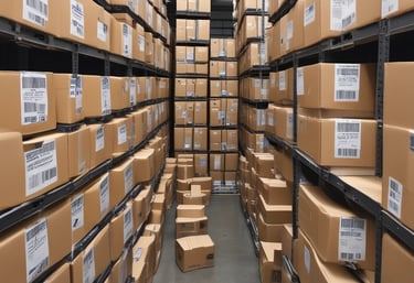 A spacious warehouse with neatly stacked pallets and organized inventory shelves.