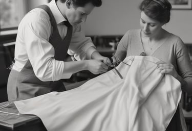 An image of two people fixing a dress