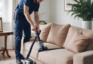 A man cleaning a sofa with careful