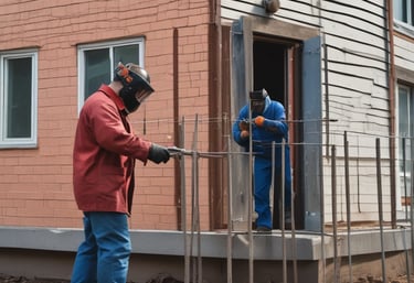 A construction site is depicted with exposed electrical wires protruding from a circular conduit in a rough concrete wall. The floor is covered in dust and debris, and there are multiple cables organized in a black mesh covering running along the floor.