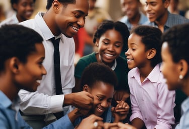 Several adults are gathered around a young girl, placing their hands gently on her shoulders in a supportive gesture. They seem to be outdoors, with trees and a small building visible in the background. The scene conveys a sense of care and community.