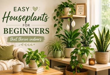 Easy houseplants for beginners in a cozy living room with natural light and healthy green foliage.