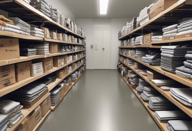 A neatly organized factory showroom displaying various finished textile products.