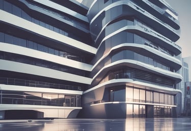 The image features the facade of a modern office building with a clean, geometric design. It is constructed with a combination of red brick and large glass panels, and there is a prominently displayed sign for Tata Consultancy Services in blue. Trees partially frame the view, and a lamppost is visible at the foreground.