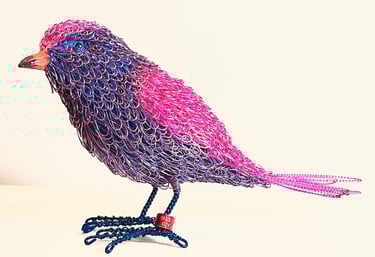 LONG TAIL SALLY - pine and plated wire bird by Guy Cranston