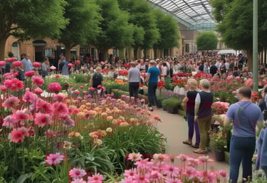 a field of tulips and other flowers with a sign in the background