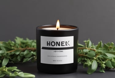 A brown glass candle jar labeled 'CHRISM' contains a white candle with wisps of smoke rising elegantly. Green sprigs and a black candle accessory are placed artistically around it on a dark surface, adding to the composition.