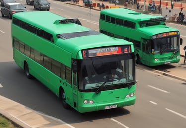 A vast field stretches out under a clear blue sky, with rows of wind turbines visible on the horizon. The green and yellow hues of the fields create a serene agricultural landscape. Wind turbines, alternating between visible and obscured by trees, capture the essence of sustainable energy amidst nature.