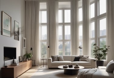 A decorative cream-colored curtain draped elegantly with a braided tieback featuring intricate gold and brown details. The curtain is hanging beside a vintage-style wooden door with ornate hardware, allowing soft natural light to filter through.