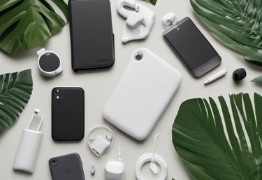 A collection of tech gadgets including wireless earbuds with an open charging case, a smartwatch displaying information, a carabiner clip, and a smartwatch strap. A green plant is partially visible on the side, providing a contrast to the predominantly white background.