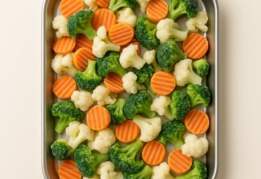 IQF broccoli, cauliflower, and carrots in stainless tray – Royal Market