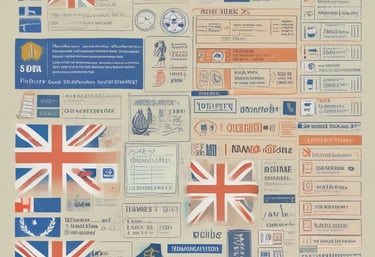 A close-up of a passport with various visa stamps and signatures. On top of the passport pages, there are miniature figures of people depicted as travelers with luggage carts. The background is partially a dark blue passport cover with a golden emblem.