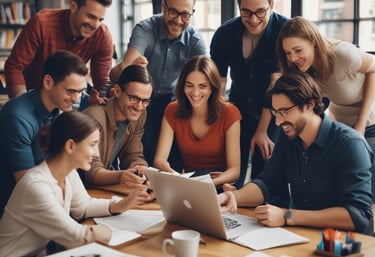 un groupe de personnes assises autour d'une table avec un ordinateur portable