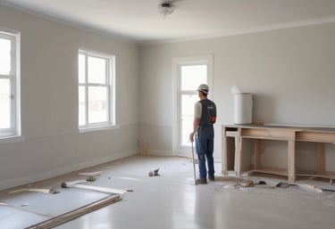 A modern architectural interior with large, angular windows allowing natural light to flood in. A central, curved staircase leads to an upper level, where two people stand looking out over the space. Below, three people are walking and interacting in the open area. The design features clean lines and a prominent red square artwork on the wall.