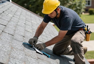 A rooftop workspace where three individuals are engaged in construction or renovation activities. One person is on a ladder working on a wall or chimney, another is standing and holding a black panel, and a third person is bent over handling tools or equipment. Nearby are various construction materials, tools like a leaf blower, a propane tank, and some ductwork. The surrounding environment includes brick walls and a view of trees and buildings in the background.