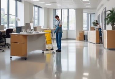 A dry cleaning shop named 'HLP Cleaners' is located on a dimly lit street. The store has a prominent sign above the entrance, and its windows are illuminated with a warm yellow light. A sign on the door lists services such as dry cleaning, laundry, and suede & leather cleaning. The building exterior is simple with a combination of dark tiles and light-colored upper walls. The entrance is flanked by two closed doors, likely of neighboring establishments.