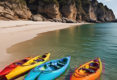 A windsurfer navigates the calm, clear blue waters near a bustling beach lined with trees and a large hotel. The sky is clear with some wispy clouds, complementing the vibrant summer atmosphere.