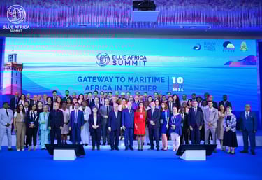 a group of people standing in front of a poster for the Blue Africa Summit