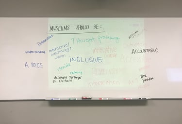a list of words on a white board of what museums should be.