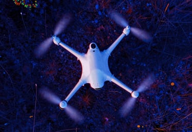 Zdjęcie przedstawiające dron z góry oraz teren pod nim w termowizji