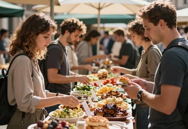 A vibrant modern European / French food market with people interacting at a stall, warm natural lighting, professional photography style.