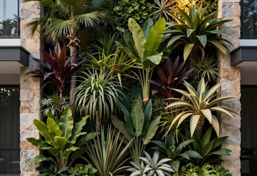 A lush vertical garden on a stone wall of a modern residential building, featuring native Latin American plants and integrated lighting.