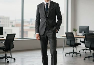 Full-length photography of a sophisticated man wearing a tailored three-piece charcoal suit, standing in a minimalist modern office with large windows, European / Spanish setting.