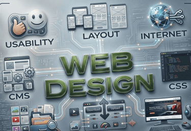 Digital infographic showing web design elements including usability, layout, CMS, and CSS coding.