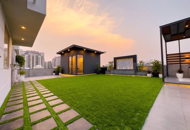 Beautiful terrace garden with pergola and hanging plants