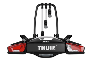 Rear view of Thule towbar bike carrier showing lights and number plate area.
